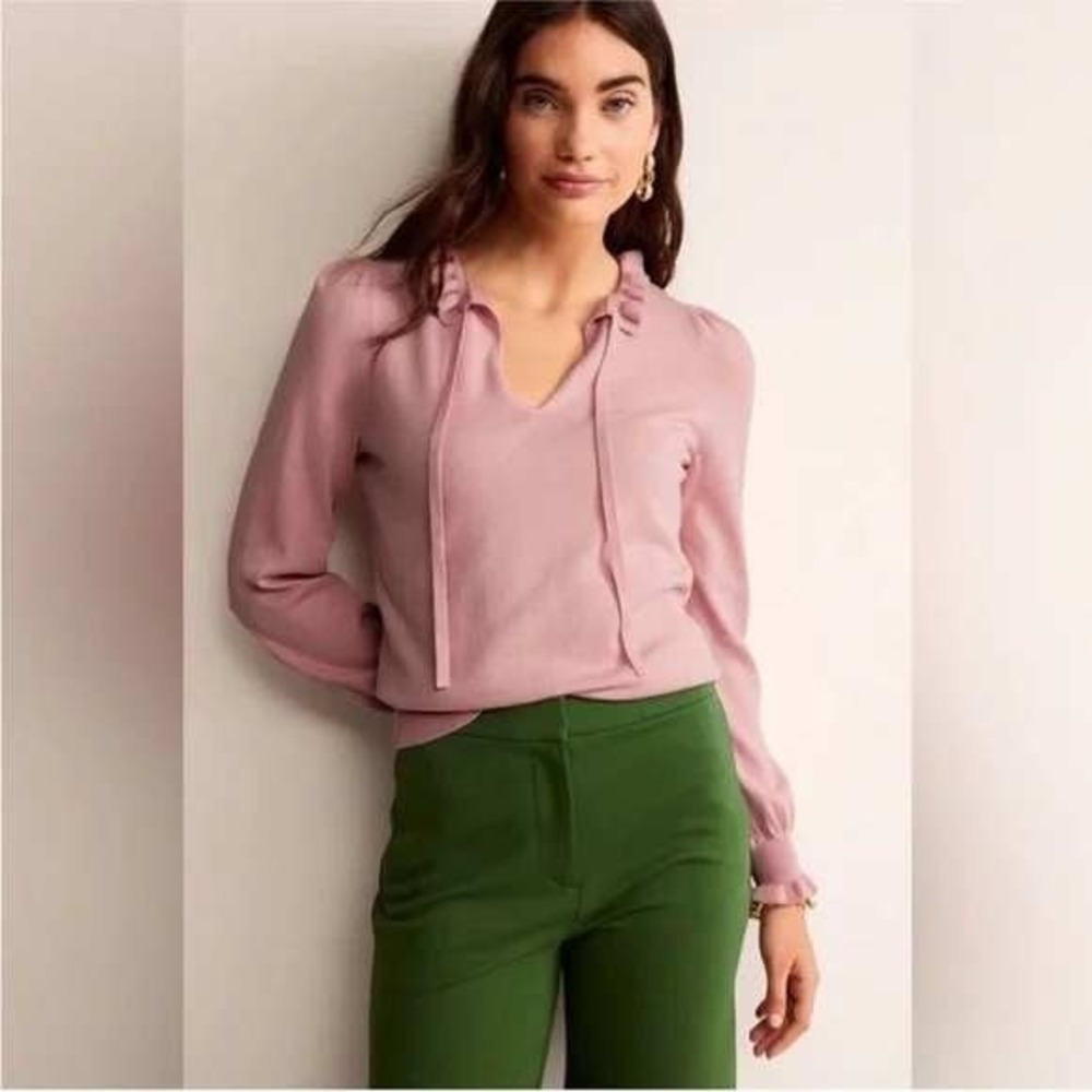 BODEN Soft Pink Ruffle Tie Neck Wool Cotton Pullover Sweater Size Small Feminine